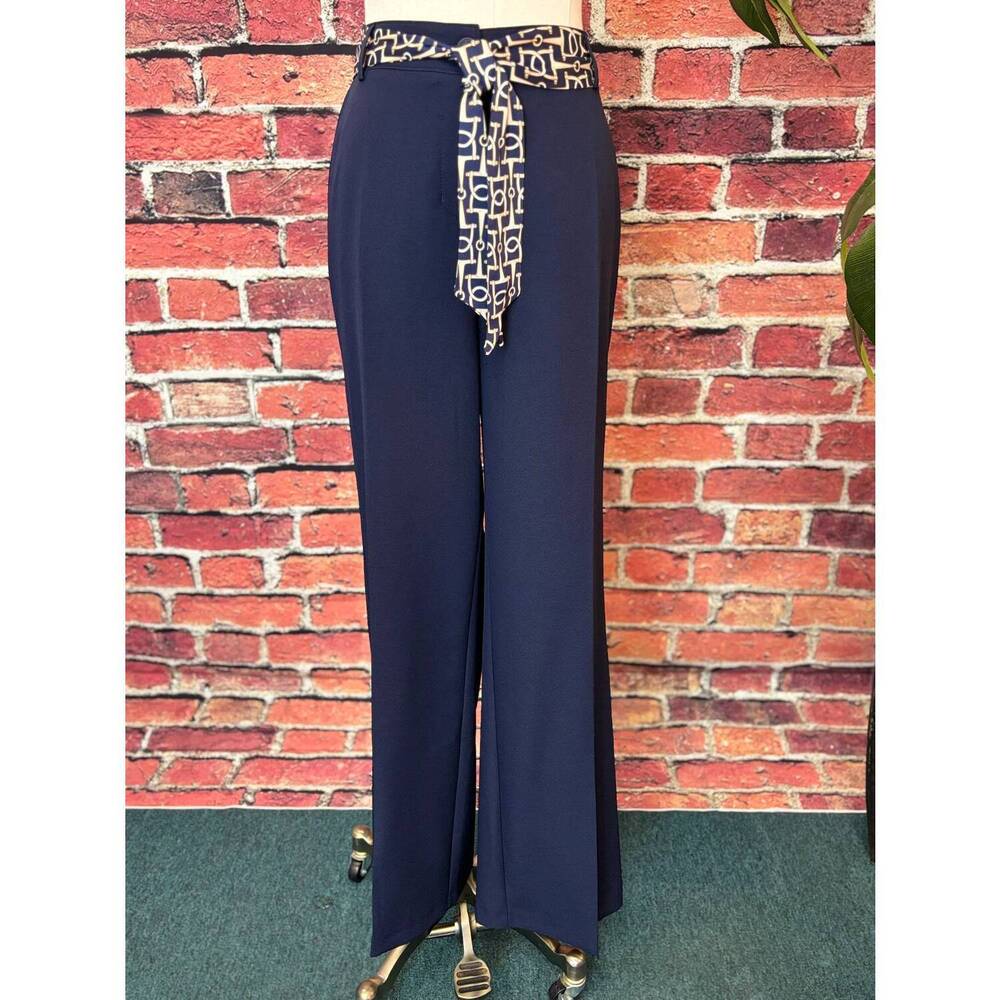 NEW ROBELL women's stretch wide-leg pant with statement belt in navy